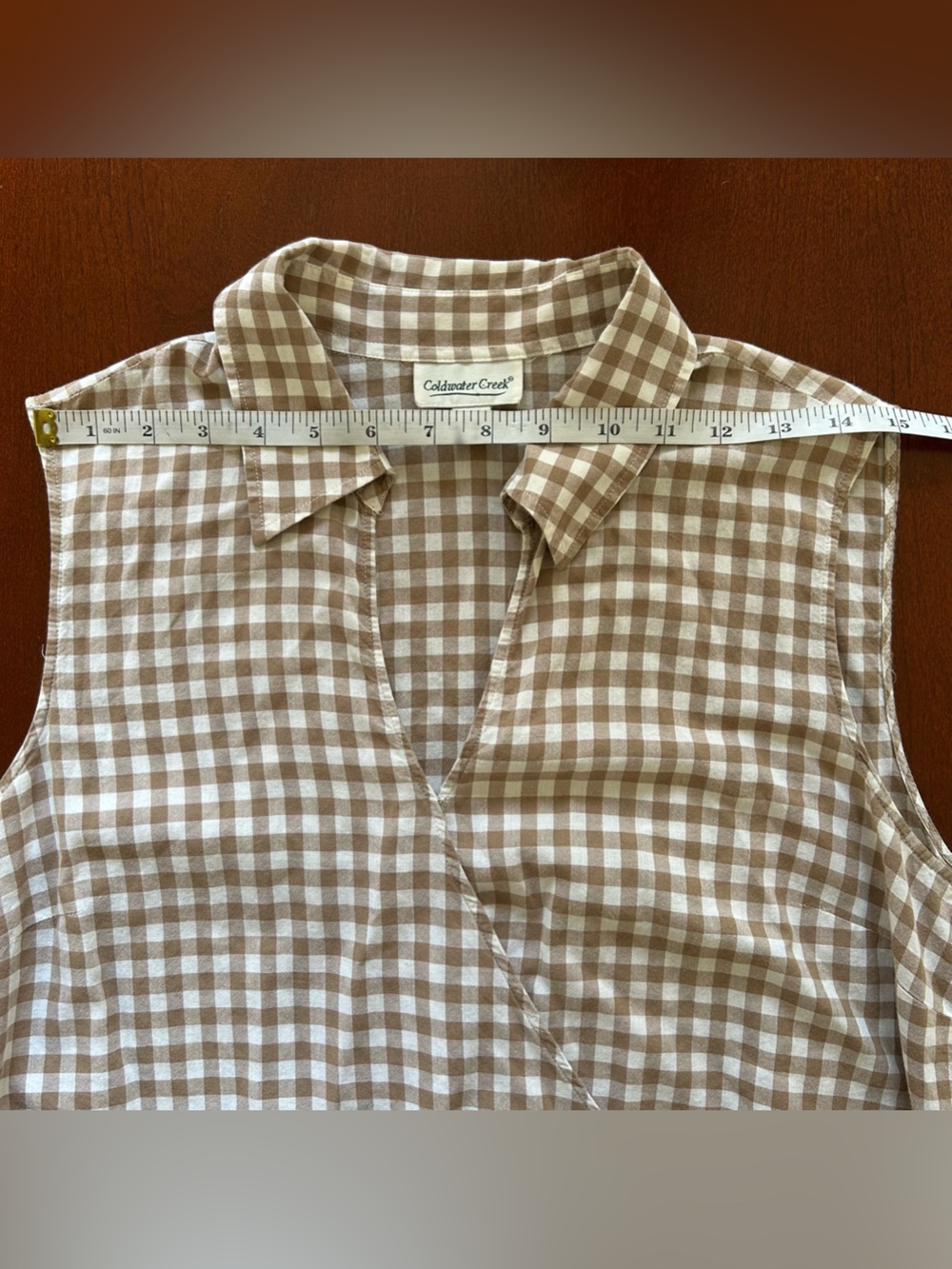 Coldwater Creek Brown and White Gingham Tie-Side Sleeveless Wrap Top Size L - Picture 5 of 7